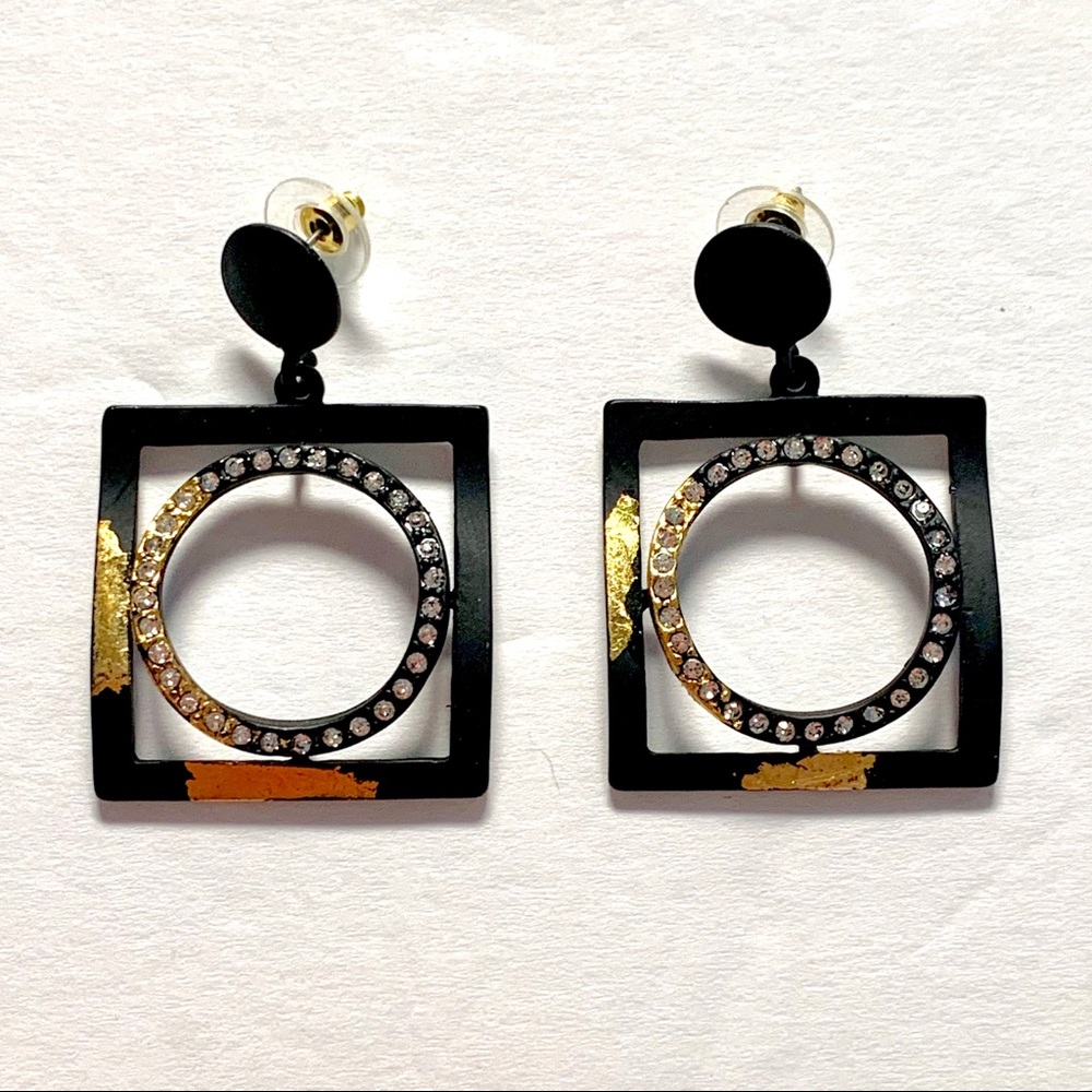 Black Patina Geo Pave Square Circle Drop Earrings